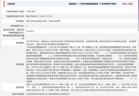 广州市白云区三元里雅蝶美甲用品商行因经营不合格化妆品被罚2万元